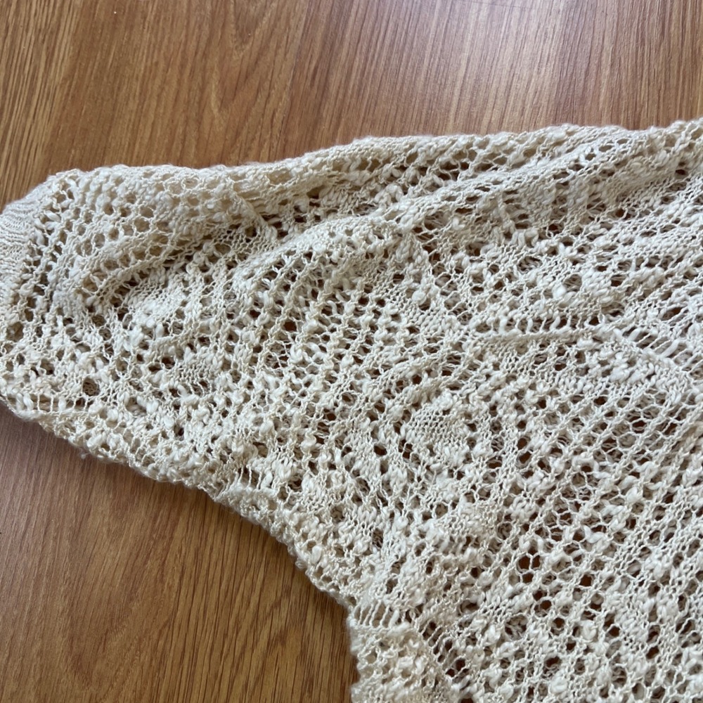 Crochet Pointelle Longline Cardigan Womens Large Cream Ivory Festival Boho Soft - Picture 14 of 14